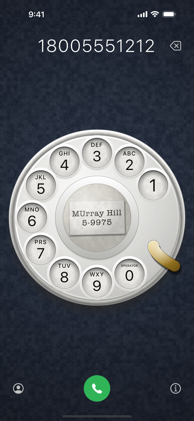 The dial on navy, the card reading MUrray Hill 5-9975