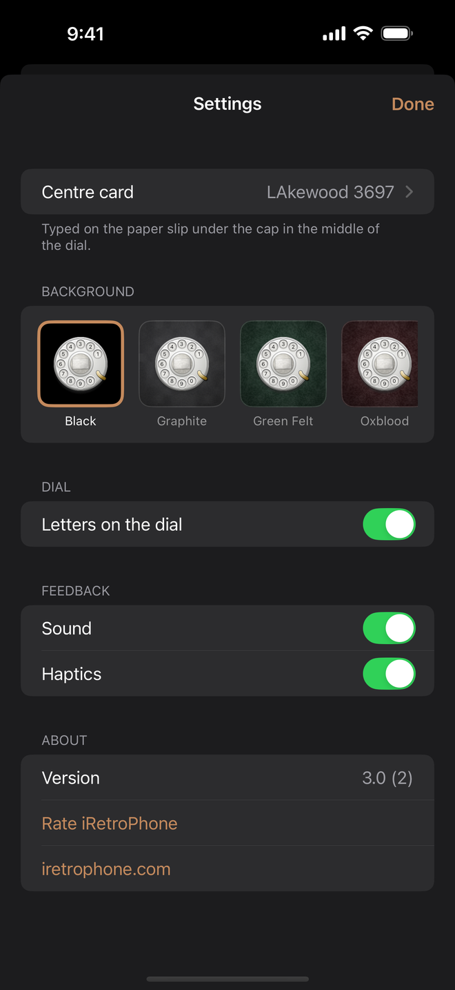 The Settings screen: the centre card text, a row of backgrounds, letters on the dial, sound and haptics switches